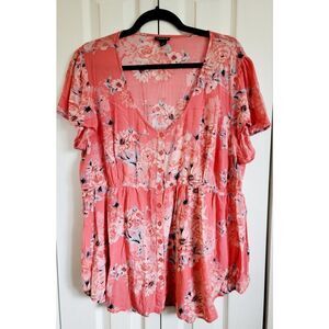 Torrid 3 Blouse‎ Short Flutter Sleeve Baby Doll Pink Floral Gathered Waist Tunic